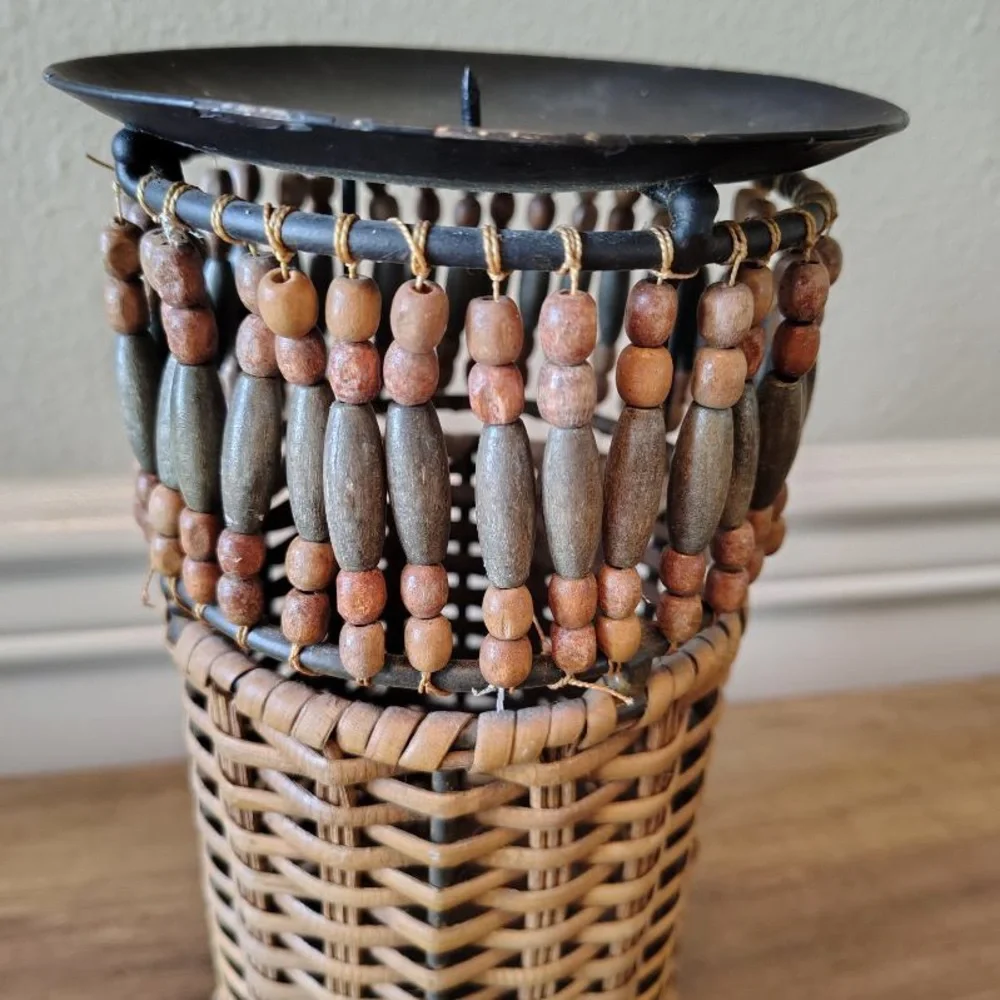 Vtg Wicker Rattan Beaded Candle Holder Metal Frame Boho Home Decor 9”